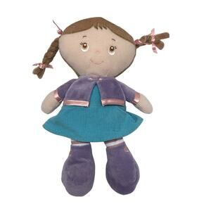 Kids Preferred Baby Doll 10”Stuffed Plush Brown Hair Eyes Purple Teal Dress 2012